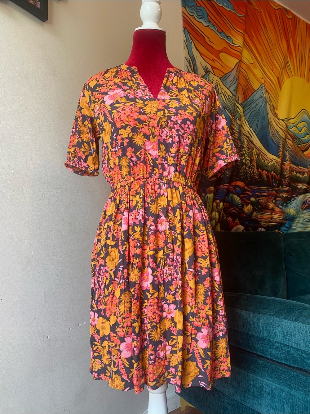 LOFT Pink and Mustard Floral Midi Dress